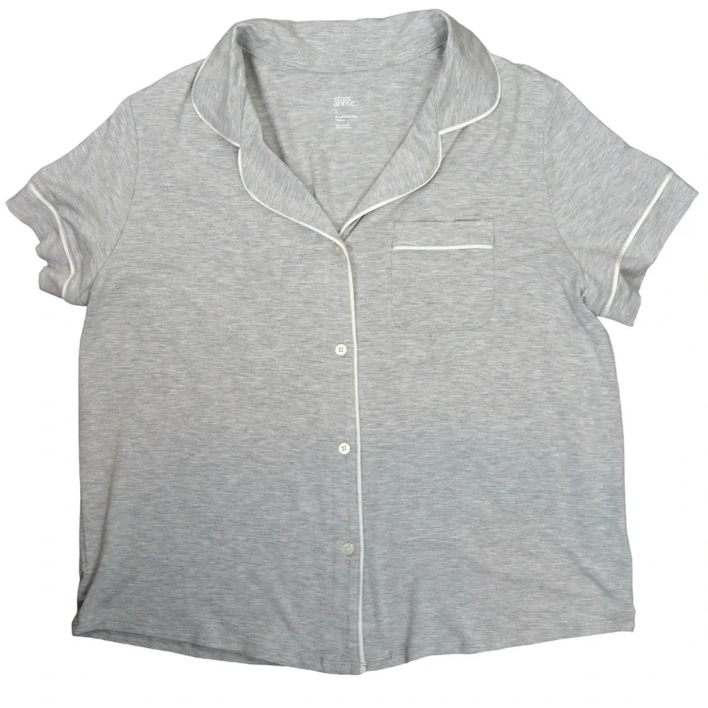 Stars Above Beautifully Soft Short Sleeve‎ Notch Collar Top, Grey - Large